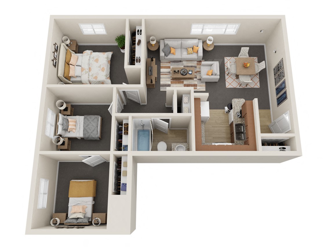 Floor plan for 3 beds, 1 bath, 845 sqft
